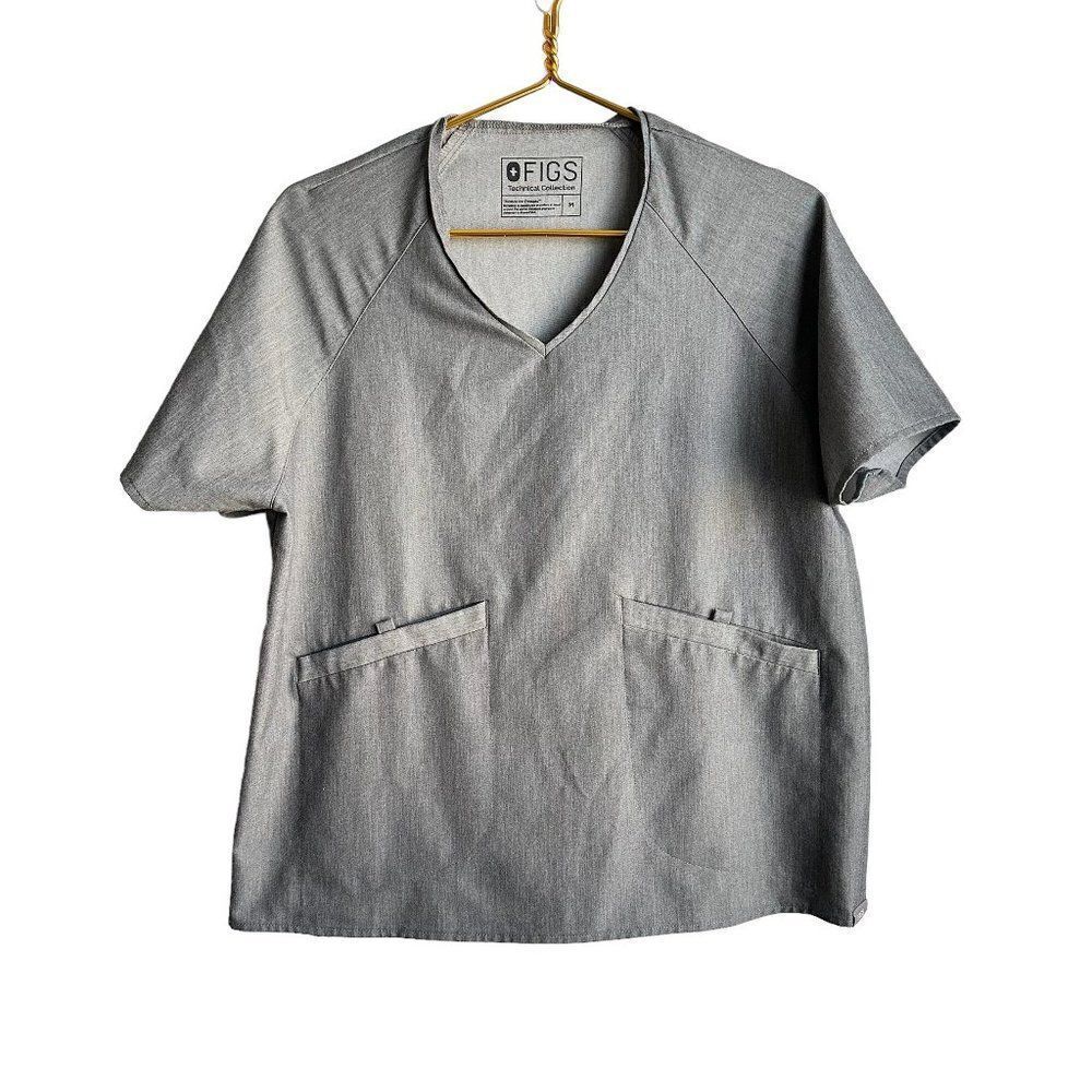 Figs Short Sleeve‎ Scrub Top Women's Size M Grey V-Neck Pockets Medical Nurse